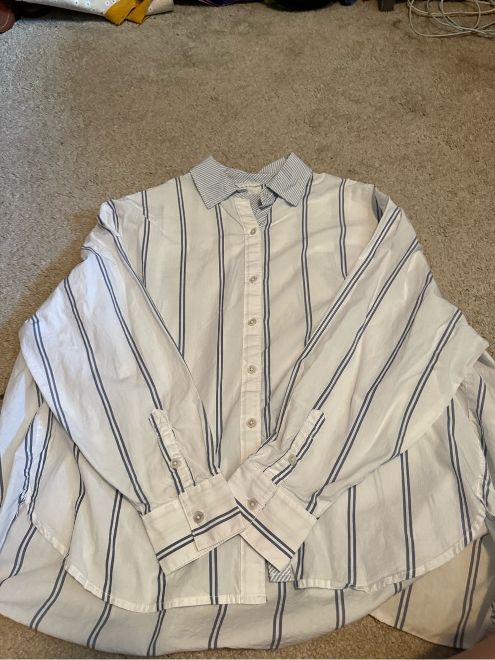 Aerie White Button-Up Shirt with Navy Stripe